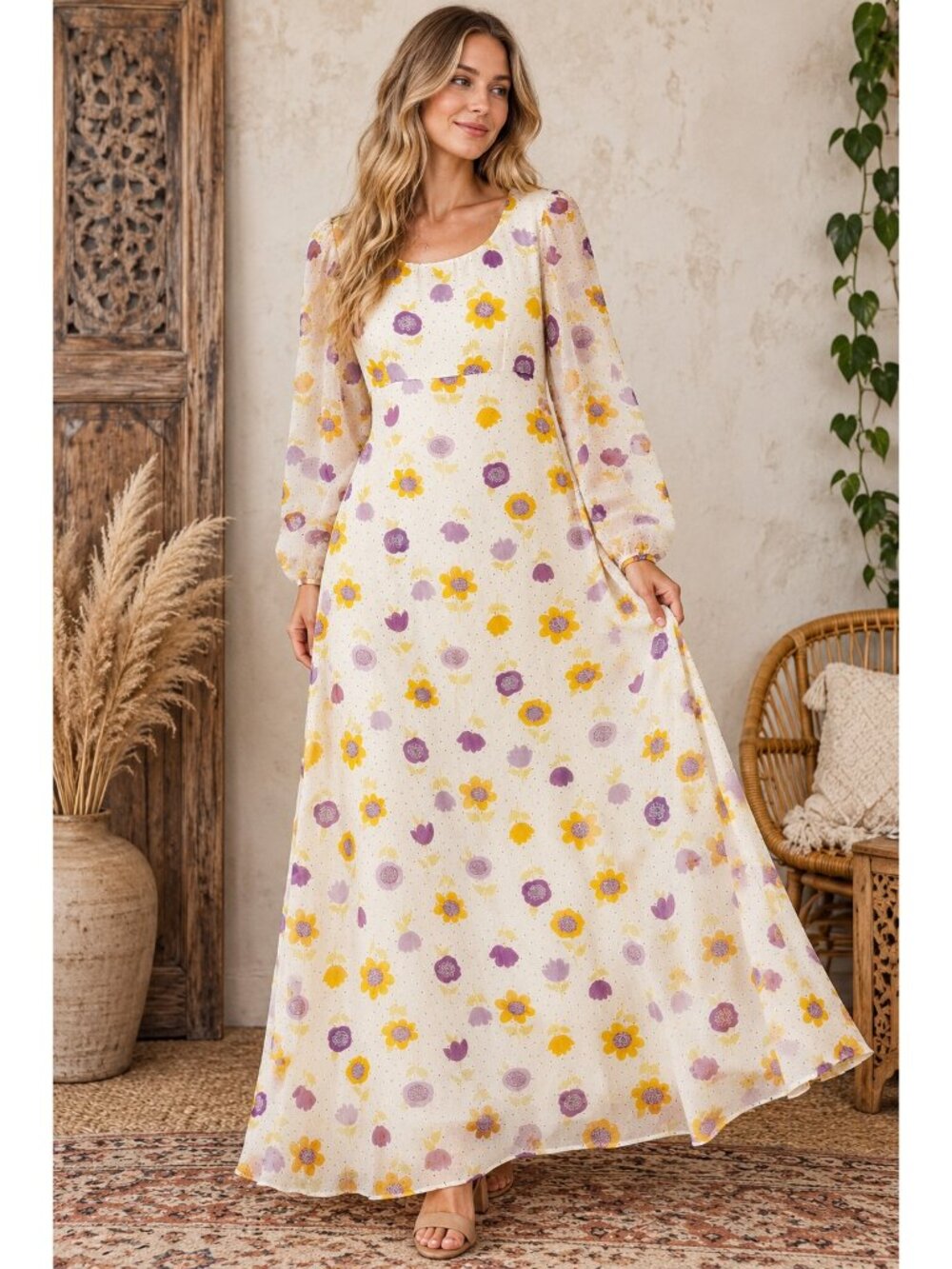 Vintage Ivory Lavender Floral Empire Waist Long Sleeve Dress XS